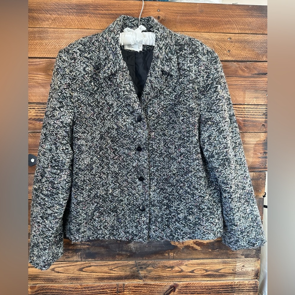 Kathie Lee Collection Womens Tweed Blazer Jacket Gray Black Bouclé Button Lined
